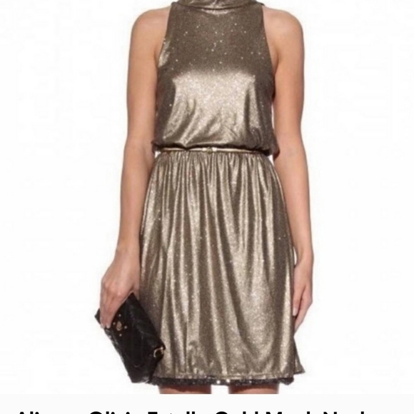 NEW Alice & Olivia Estelle Dress Gold Metallic Cocktail Luxury Lame Celeb Style - Picture 11 of 14